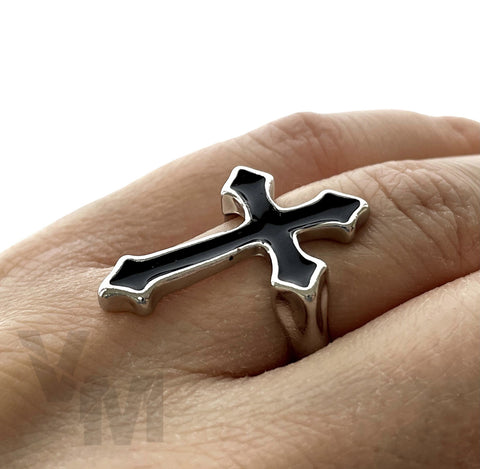Gothic Cross Black & Silver Goth Alternative Adjustable Multi Size Jesus Satanic Ring