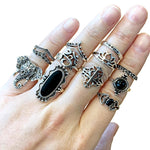 12 x Gothic Black Gem Silver Elephant Cross Goth Ring Bundle