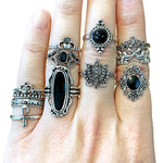 11 x Black Silver Gothic Large Gem Ankh Lotus Goth Ring Bundle