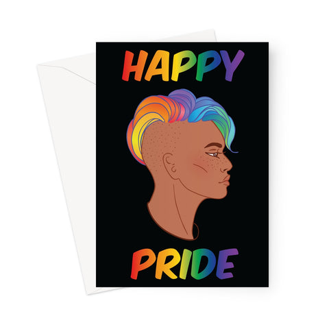 Happy Pride Shaved Sides LGBTQ Rainbow Hair Greetings Card