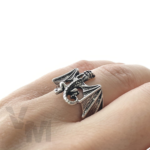 Silver Dinosaur Pterodactyl Flying Adjustable Size Ring Goth Emo