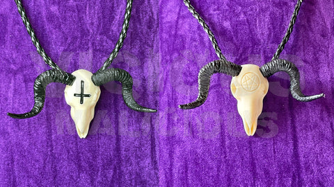 Black Horned Ram Skull Bone Pentagram Inverted Cross Baphomet Necklace